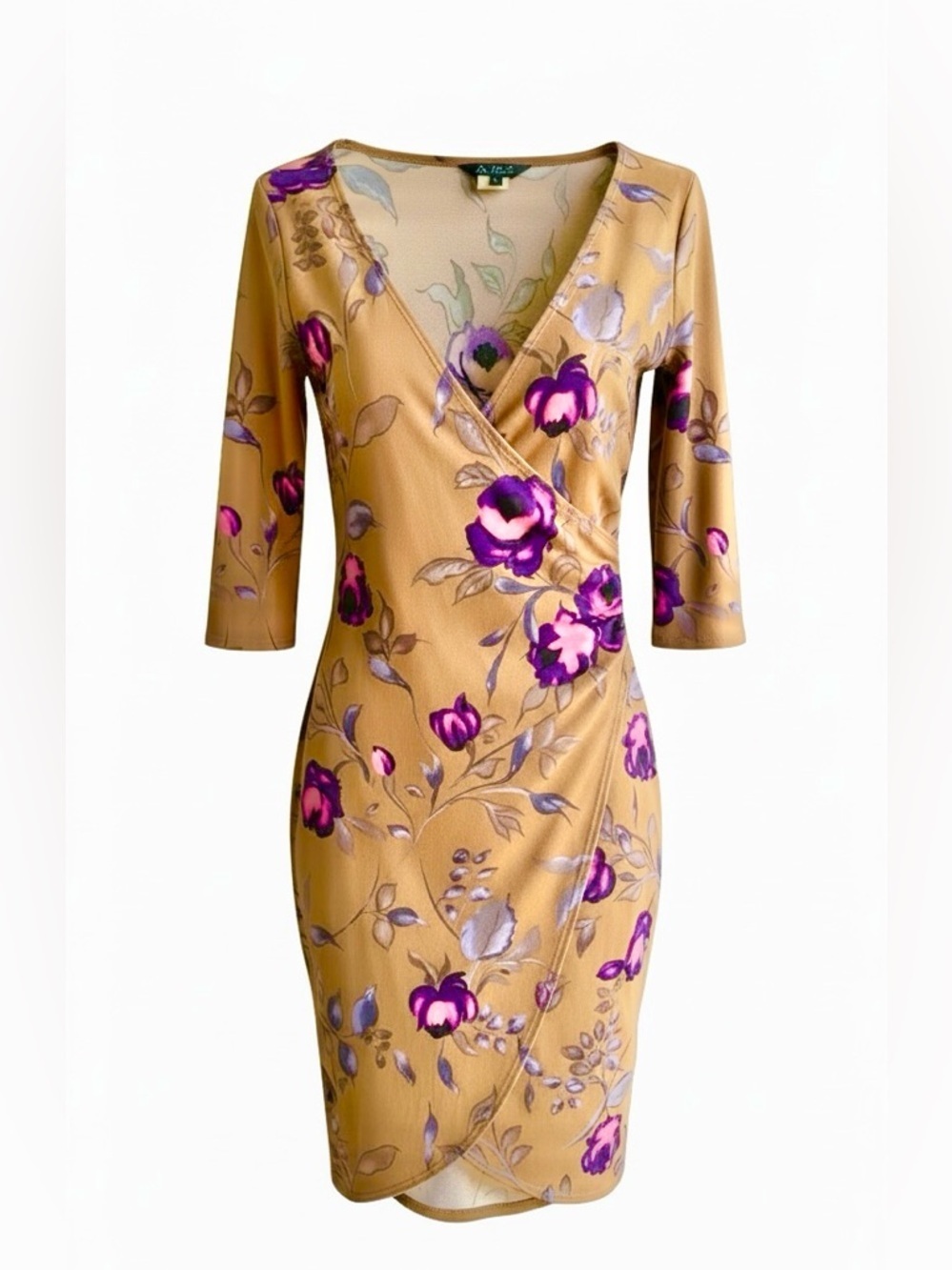 ABS by Allen Schwartz Floral Wrap Dress Tan & Purple Petite